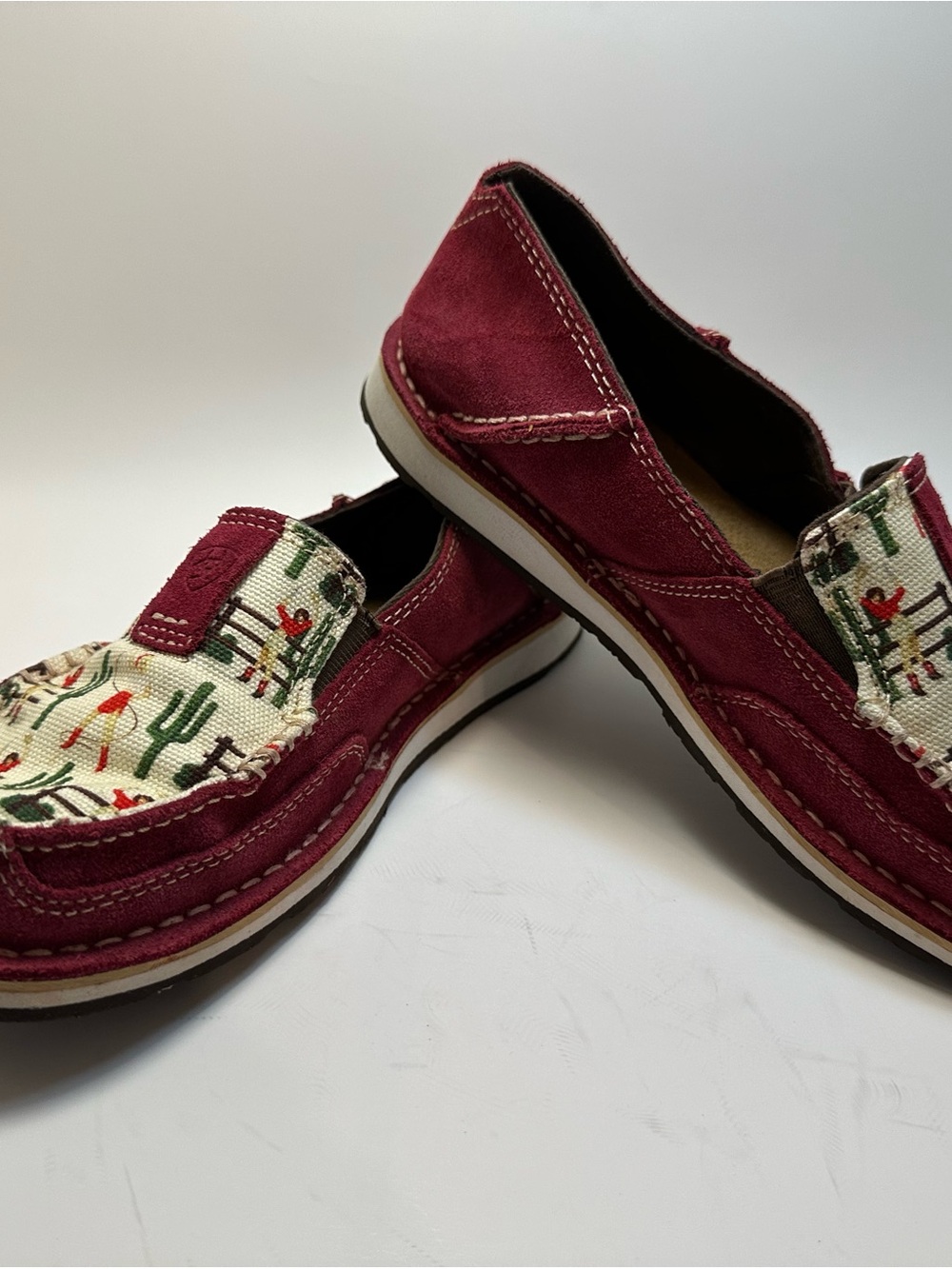 Ariat Burgundy Slip-On Loafers with Cactus-Print Canvas